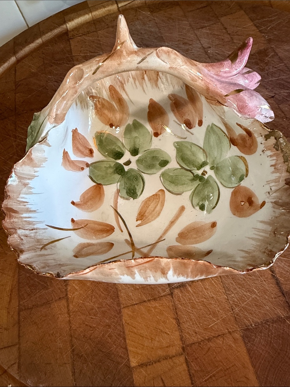 Vintage Hand Painted Floral Ceramic Bowl Sculpted Flower Rim Signed Art Pottery